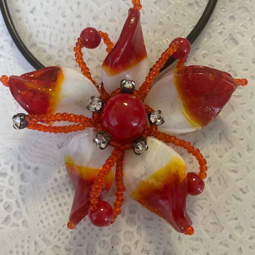 Large Glass Flower Pendant - Red and White